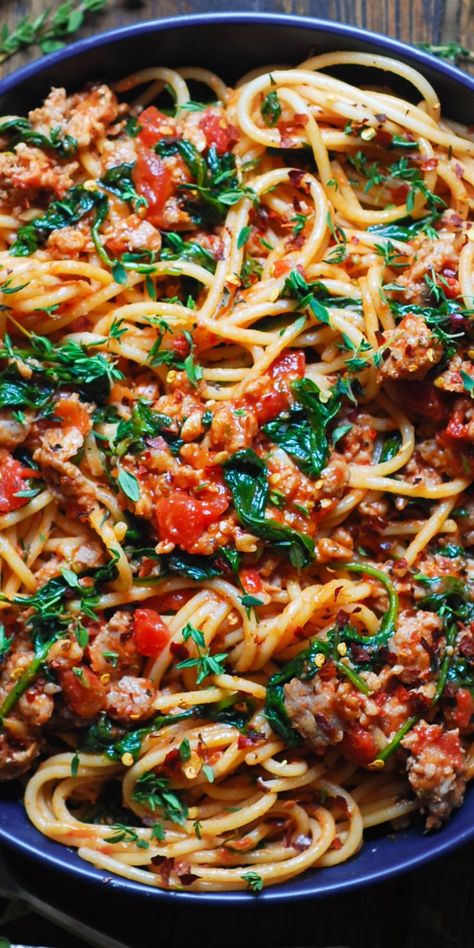 Italian Sausage Spaghetti in a blue bowl. Pork Sausage Spaghetti, Spicy Sausage Spaghetti, Sausage Spinach Spaghetti, Spaghetti Recipes Italian Sausage, Spaghetti Recipes With Ground Beef And Sausage, Spaghetti With Sweet Italian Sausage, Italian Sausage Meat Sauce, What To Make With Spicy Italian Sausage, Turkey Sausage Spaghetti