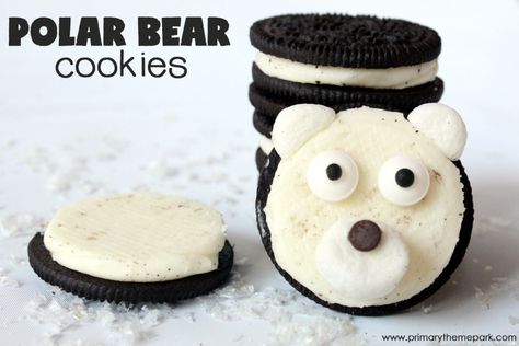 Four ingredients is all it takes to make these adorable polar bear cookies! Perfect treat for a winter unit on arctic animals. Polar Bear Snacks For Kids, Alaskan Christmas, Polar Bear Snacks, Polar Bear Cookies, Polar Bear Party, Kids Cooking Party, Cream Filled Cookies, Cooking With Kids Easy, Cookies Kids