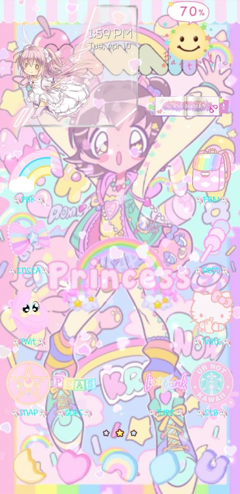 Pastel rainbow note 8 homescreen #pastel #kawaii #note8 #homescreen Rainbow Homescreen Layout, Pastel Kidcore Wallpaper, Fairy Kei Wallpaper, Decora Wallpaper, Rainbow Homescreen, Rainbow Widgets, Kidcore Aesthetic Wallpaper, Aminé Wallpaper, Pastel Rainbow Wallpaper