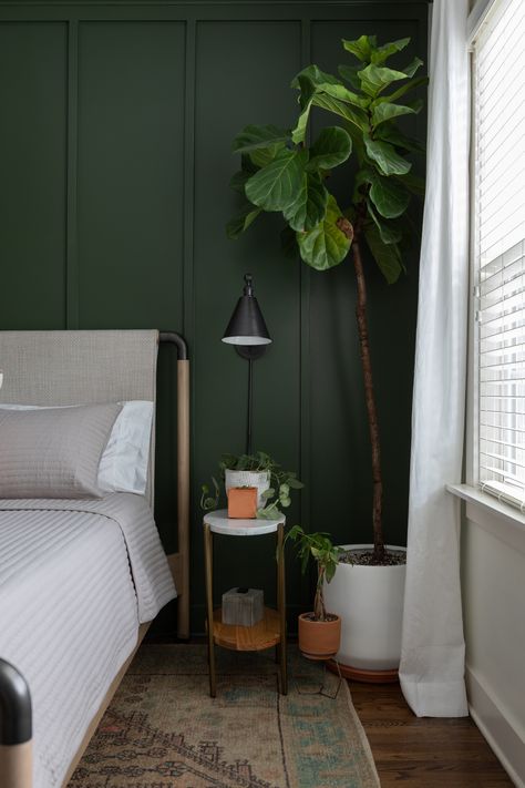 Deep Green Feature Wall, Accent Dark Green Wall, Green Bedroom With Black Accents, Deep Green Room Bedrooms, Dark Forest Green Accent Wall, Matte Green Wall, Dark Green Wall With Plants, Natural Green Wall Paint, Pine Green Room