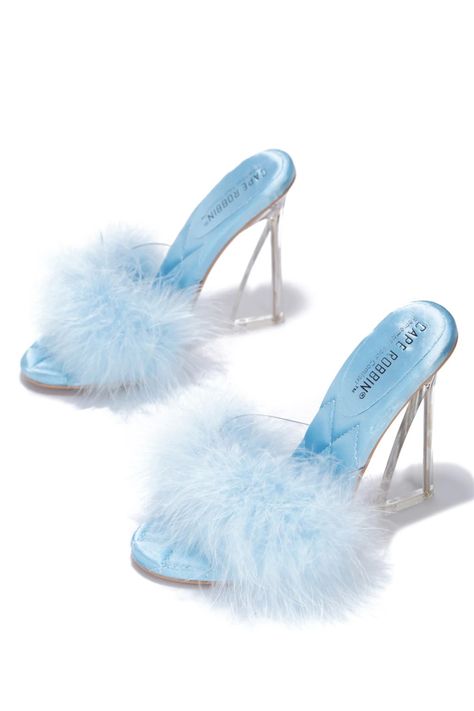 Ice Blue Weddings, Blue Heels Wedding, Pom Pom Heels, Shoe Goals, Fluffy Heels, Fuzzy Heels, Color Celeste, Slip On Heels, Cute Shoes Heels