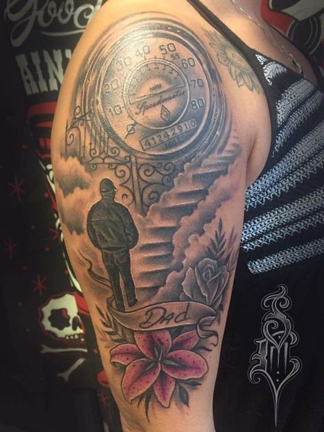 In Memory Of Papa Tattoo Ideas, Loved One Tattoo Passed Sleeve, Trucker Memorial Tattoos, Race Car Tattoo For Women, Memorial Arm Tattoos For Women, Remeberance Tattoos Dad, Tribute Tattoos In Memory Of Brother, Peterbilt Tattoo, Trucker Tattoo Ideas