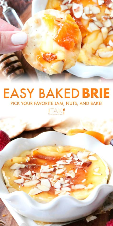 Easy Brie Appetizers For A Party, Bake Brie With Jam, Baked Brie Dip Recipes, Best Brie Appetizer, Brie Cheese And Honey, Appetizer Recipes With Brie Cheese, Melted Brie With Jam, Snacks With Brie Cheese, Baked Brie And Jam