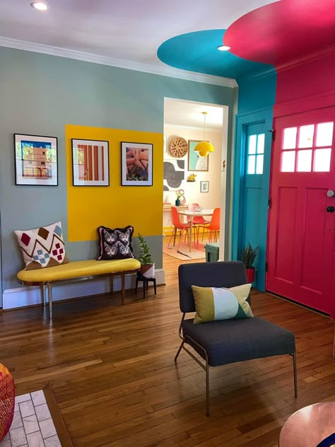 Color Blocking Interior Design, Funky Hallway, Diy Eclectic, Colour Blocking Interior, Home Recording Studio Setup, Quirky Home Decor, Bright Homes, Home Entrance Decor, Paint Colors For Home