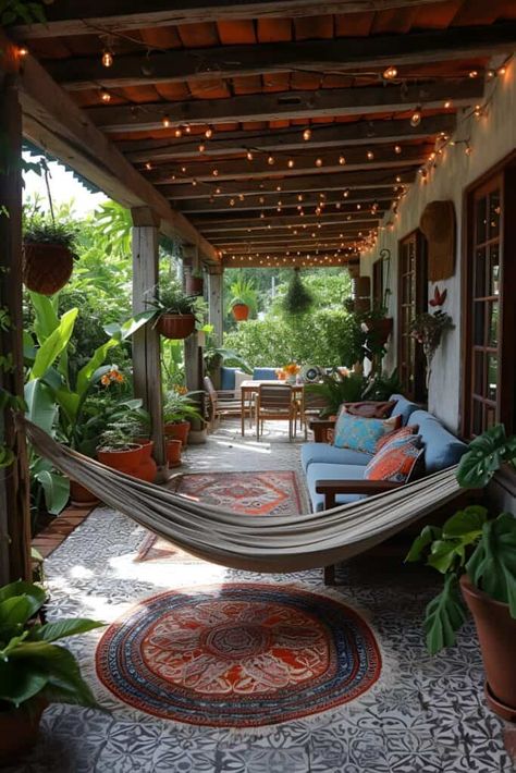 15 Elegant Back Porch Ideas: Crafting Serenity In Your Outdoor Space | DIY Vibes Bohemian Porch, Summer Front Porch Decor, Backyard Hammock, Bohemian Outdoor, Boho Patio, Summer Porch, Cozy Outdoor, Garden Wallpaper, Bamboo Shades