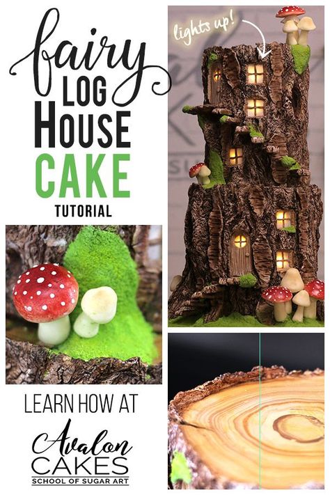 Stump Log Fairy House CAKE that lights up! Perfect woodland party! Learn how at Avalon Cakes www.avaloncakesschool.com #woodland #fairy #stump Woodland Fairy Cake, Fairy House Cake, Drip Cake Tutorial, Square Cake Design, Fairy Garden Cake, Fondant Cake Tutorial, Fairy Birthday Cake, Cake Pop Tutorial, House Lights