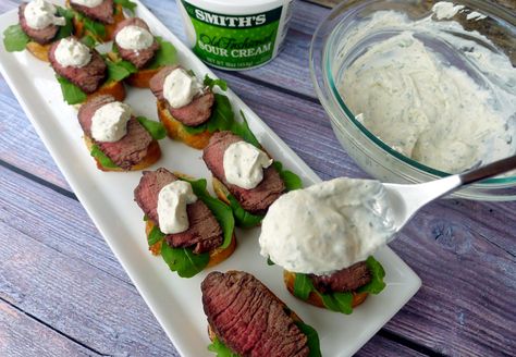 Filet Mignon Appetizer with Creamy Horseradish Sauce Filet Mignon Appetizer Recipes, Filet Mignon Appetizer, Brunch Boards, Horseradish Sauce Recipe, Creamy Horseradish, Creamy Horseradish Sauce, Fancy Dinners, Wedding Caterer, Cocktail Appetizers