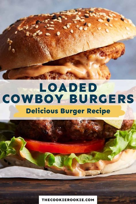 Cowboy Burgers loaded with avocado, onion rings, bacon, and cheese? YUM! It doesn't get better than this Loaded BBQ Burger recipe with Spicy Mayo. BBQ dreams do come true! #thecookierookie #burgers #BBQ Cowboy Burgers, Bbq Burger Recipes, Cowboy Burger, Burger Sides, Delicious Burger Recipes, Bbq Burger, Best Burger Recipe, Cheeseburger Recipe, The Cookie Rookie