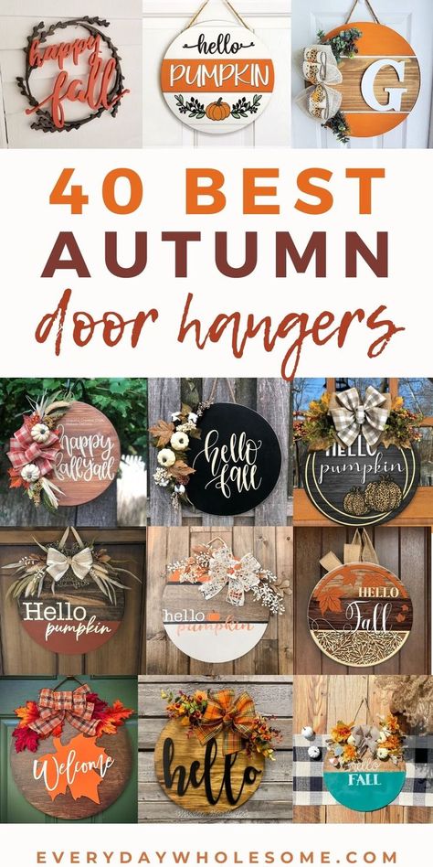 40 Fall Door Hangers, fall Wreath Ideas for your front door DIY. Fall wreaths for your farmhouse front porch. Front porch decor ideas for your makeover design decorating. Farmhouse front porches & doors ideas. Thanksgiving decorations. Fall crafts door hangers DIY decor. Fall decor inspiration, decorating, decorations, fall decor ideas for the home, Fall decor diy. #doorhanger #falldoorhanger #fallwreath #falldecor #fallhomedecor #diydoorhanger #diywreath #fallwreath #autumndoorhanger #diyfallde Door Hangers Fall, Farmhouse Front Porch Decorating Ideas, Farmhouse Front Porch Decorating, Diy Seasonal Decor, Fall Monograms, Farmhouse Front Porch, Winter Wreath Diy, Door Hangers Diy, Door Signs Diy