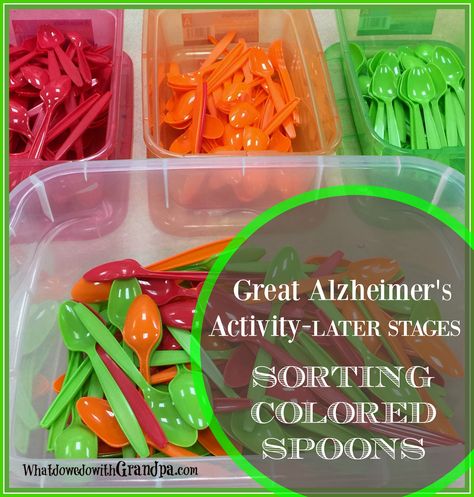 Spoon Sorting: Alzheimer's Activity - What Do We Do With Grandpa (or Grandma)? Senior Living Activities Memory Care, Memory Care Life Stations, Memory Activities For Seniors, Activities For Seniors With Alzheimers., November Nursing Home Activities, Cognitive Activities For Seniors, Activities For Alzheimers Patients, Memory Care Activity Ideas, Games For Elderly Nursing Homes