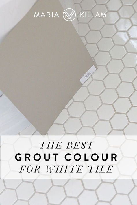 For white tile floors, I often specify grout that matches the colour of stone (below). This is because I have been in hundreds of bathrooms over the years that were filled with white tile and yes, you guessed it, dirty white grout.And because the ONLY fixed colour in those dated, white bathrooms WAS in fact the dirty grout, I often chose a green beige or a green grey paint colour to make it look less bad. Kolasus White Tile Bathroom, Shower Tile Grout Color, White Tiles With Beige Grout, How To Paint Grout On Tile Floors, White Tile Taupe Grout, White Tile Shower With Dark Grout, White Backsplash Grey Grout, White Tile With Charcoal Grout, White Subway Tile Beige Grout