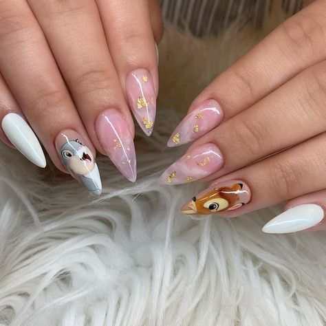 Disney Character Nails Short, Bambi Nails Disney, Nail Art Characters, Bambi Nails, Characters Nail Art, Nails Animation, Animation Nails, Black Acrylic Nail Designs, Disneyland Nails