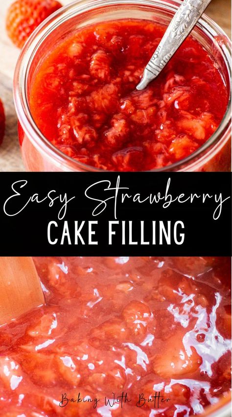 This easy strawberry cake filling recipe is made from fresh or frozen strawberries. It’s thick, sweet, and full of real strawberry flavor. The taste of this homemade strawberry cake filling is that of pure strawberry. The flavor of the cooked filling is enhanced with just a little lemon juice, sugar, and a pinch of salt. Filling For Cupcakes, Easy Strawberry Cake, Chocolate Strawberry Shortcake, Easy Strawberry Jam, Homemade Vanilla Cake, Homemade Strawberry Cake, Strawberry Cake Filling, Homemade Strawberry Shortcake, Strawberry Vanilla Cake