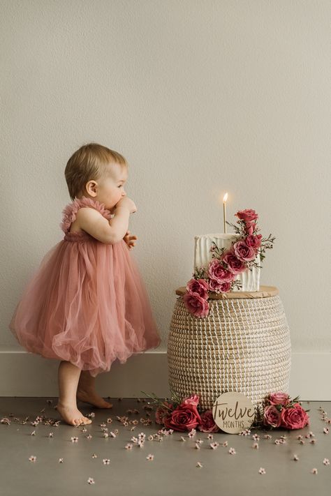 1st Birthday Photoshoot Backdrop, One Year Winter Photos, 1st Year Birthday Photoshoot Ideas, Turning 2 Photoshoot, Diy First Birthday Photoshoot At Home, Whimsical First Birthday Photoshoot, One Year Girl Photoshooting Ideas, Cake Smash Baby Girl, Minimalist First Birthday Girl