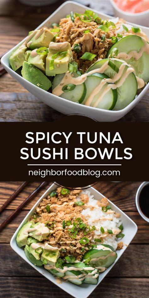 Tuna Sushi Bowl, Spicy Sushi, Easy Healthy Lunch Ideas, Spicy Tuna Sushi, Easy Healthy Lunch, Sushi Bowl Recipe, Sushi Bowls, Tuna Sushi, Healthy Lunch Ideas