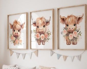 Cow Art Prints for Nursery, Highland Cow Wall Decor, Canvas, Baby Girl Nursery, Purple Floral Nursery, Farmhouse Baby Girl Shower Gift - Etsy Cows And Flowers Nursery, Highland Cow Nursery Theme Girl, Highland Cow Girl Nursery, Highland Cow Nursery Girl, Nursery Highland Cow, Highland Cow Wall Decor, Girl Nursery Purple, Purple Floral Nursery, Highland Cow Nursery