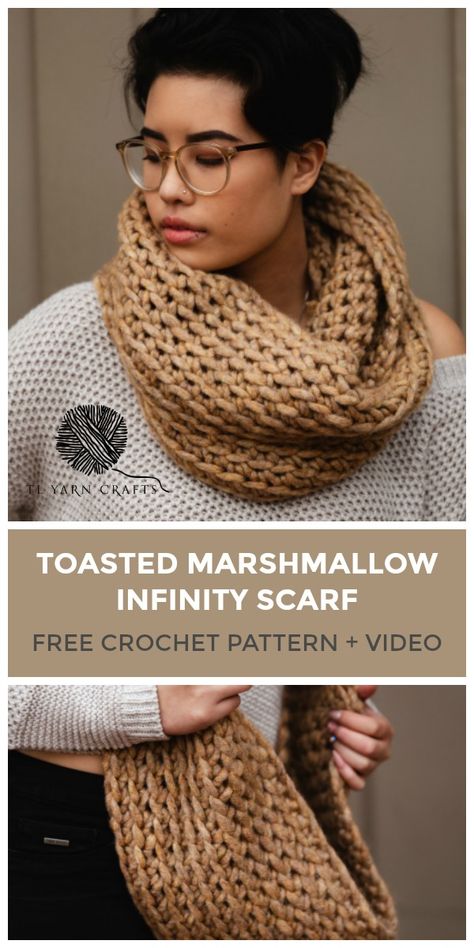 Try the Toasted Marshmallow Infinity, a cozy crochet loop scarf that's ready in less than an hour. Made with super bulky yarn and a large Q hook, this is the perfect scarf to sell at craft markets, gift for the Christmas and birthdays, and to make if you need an extra layer in the winter time. Try this FREE pattern today - find the pattern on TLYCBlog.com and follow the tutorial on YouTube. | TLYCBlog.com Crochet Scarf Pattern Free Bulky Yarn, Q Hook Crochet Patterns Free, Super Bulky Crochet Pattern, Loop Scarf Pattern, Bulky Yarn Crochet, Crochet Loop, Chunky Crochet Scarf, Crochet Infinity Scarf Pattern, Tl Yarn Crafts