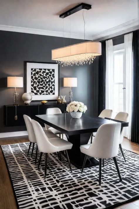 Black and white dining room with a modern farmhouse aesthetic Farmhouse Dining Area, White Dinning Room, White Dining Room Decor, Modern Contemporary Dining Room, Small Dining Room Decor, Black And White Dining Room, Gold Living Room Decor, Black Kitchen Decor, Dining Table Gold