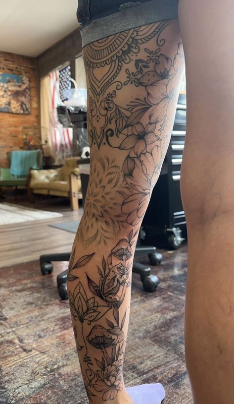 Leg Ditch Tattoos, Sunset Leg Tattoo, Inside Calf Tattoo Women, Womens Full Leg Sleeve Tattoo, Floral Leg Piece, Leg Patch Work Tattoos Women, Woman Shin Tattoo, Womans Leg Sleeve Tattoos, Upper Thigh Sleeve Tattoo Women