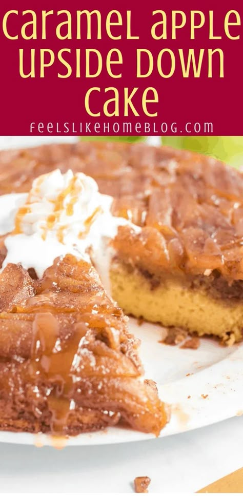 Cake Mix With Apples, Apple Cake With Box Cake, Apple Upside Down Cake Recipe, Caramel Apple Upside Down Cake, Caramel Apple Cake Recipe, Apple Upside Down Cake, Upside Down Apple Cake, Upside Down Cake Recipe, Apple Cinnamon Cake