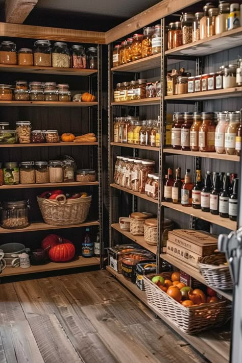 Canning Pantry Aesthetic, Storage Room Pantry, Pantry Rustic Ideas, Home Food Storage, Industrial Pantry Ideas, Outdoor Pantry Ideas, Japanese Organization Ideas Small Spaces, Kitchen Rustic Farmhouse, Farmhouse Kitchen With Pantry