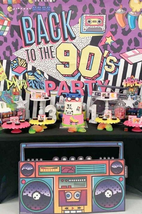 Don't miss this cool retro 90's birthday party! The cookies are so much fun! See more party ideas and share yours at CatchMyParty.com Fashion Theme Party Ideas, Retro 90s Birthday Party, Retro Decorations Party, 90 Decorations Party Ideas, Retro Theme Birthday Party, Retro Birthday Party Decorations, 40s Birthday Party Theme, Retro Theme Decoration, 90 Birthday Party Ideas