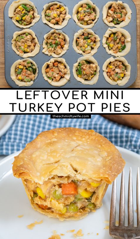 Mini Turkey Pot Pie, Mini Turkey Pot Pies, Turkey Pot Pies, Turkey Pot Pie Easy, Pot Pie Recipe Easy, Turkey Pot Pie Recipe, Mini Pot Pies, Dinner Pies, Turkey Pie