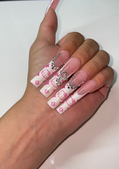 Pink Designer French Tip Press on Set - Etsy Fitness Barbie, Hello Kit, Cute Acrylic Nail Designs, Hello Kitty Nails, Dope Nail Designs, Really Cute Nails, Acrylic Nails Coffin Pink, Unique Acrylic Nails, Acrylic Nails Coffin Short