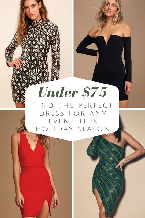 Find the perfect dress for any event this Holiday season! Shop Lulu's with over 500 styles to choose from that are $75 and under!!! You will wow the crowd with these gorgeous styles!   contains affiliate link Cheap Holiday Mini Dress For Date Night, Cheap Mini Dress For Date Night And Party Season, Cheap Mini Dress For Date Night Holiday, Cheap Festive Dresses For Holidays, Cheap Winter Dresses For Date Night, Affordable Christmas Mini Dress For Women, Cheap Winter Dresses For Night Out, Christmas Party Dress Classy Work, Luxury Winter Sequin Dress For Night Out