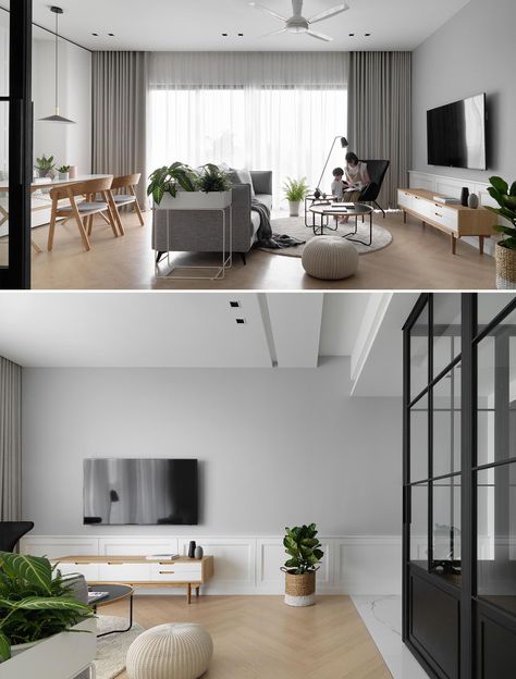 Herringbone Living Room, Black And Wood Interior, Shanghai Apartment, Grey Accent Wall, Herringbone Wood Floor, Studio Architecture, Herringbone Wood, Built In Seating, Popular Decor