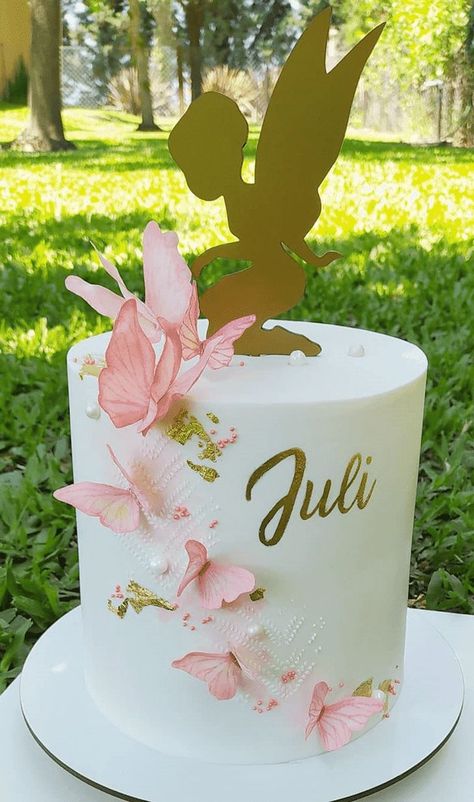 Tinkerbell Cake Design, Butterfly Theme Cake, Tinkerbell Birthday Cakes, Graduation Cake Ideas, Garden Birthday Cake, Cake Design Images, Butterfly Themed Birthday Party, Fairy Birthday Cake, Tinkerbell Birthday