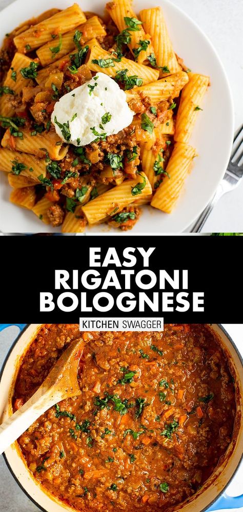 Rigatoni bolognese is a simple, yet elegant dish made with homemade bolognese sauce, rigatoni, fresh herbs, and a dollop of ricotta or mascarpone cheese. #rigatonibolognese #pastarecipes #bolognese Rigatoni Bolognese Recipe, Bolognese Recipes, Rigatoni Bolognese, Kitchen Swagger, Slow Cooker Bolognese Sauce, Postpartum Meal, Homemade Bolognese Sauce, Slow Cooker Bolognese, Italian Meat Sauce