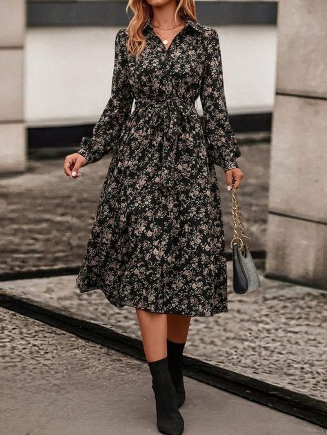 Black Casual Collar Long Sleeve Woven Fabric Floral,All Over Print Shirt Embellished Non-Stretch  Women Clothing Floral Shirt Dress Outfit, Black Floral Dress Outfit, Long Black Floral Dress, Shirt Dress Floral, Dress To Impress Outfits, Floral Long Sleeve Dress, Work Outfit Office, Black Floral Dress, Aichi