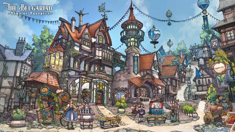 ArtStation - JRPG Fantasy - Outside The Lion's Inn, Raeann Chou Tavern Outside, The Belgariad, Fantasy Inn, Feng Zhu Design, Feng Zhu, Interior Concept, Architectural Inspiration, Interior Art, Fantasy World