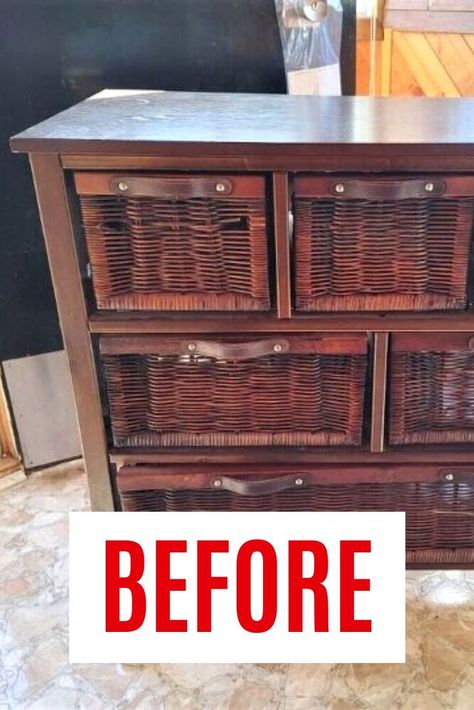 Refurbished Wicker Dresser, Upcycling Drawers Ideas, Upcycle Wicker Basket, Painted Wicker Dresser, Wicker Dresser Makeover, Dresser With Baskets, Wicker Bedroom Ideas, Wicker Basket Makeover, Paint Wicker Basket