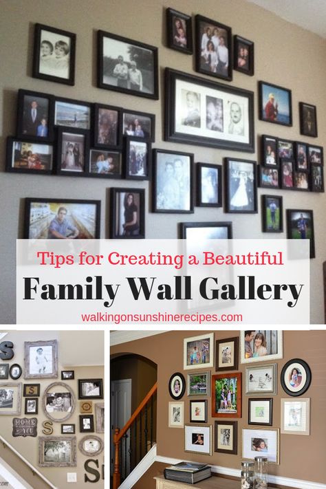 How to Create a Family Wall of Photos | Walking on Sunshine Recipes #diyhomedecor #familyphotos #gallerywall #galleryart Large Family Photo Wall Ideas Living Rooms, Modern Farmhouse Family Picture Wall Ideas, Family Photo Wall Mixed Frames, Placing Photos On Wall, Organizing Pictures On Wall, How To Create A Photo Gallery Wall, How To Organize Photos On Wall, Picture Wall Ideas Long Hallway, Family Photo Collage Wall Canvas Prints