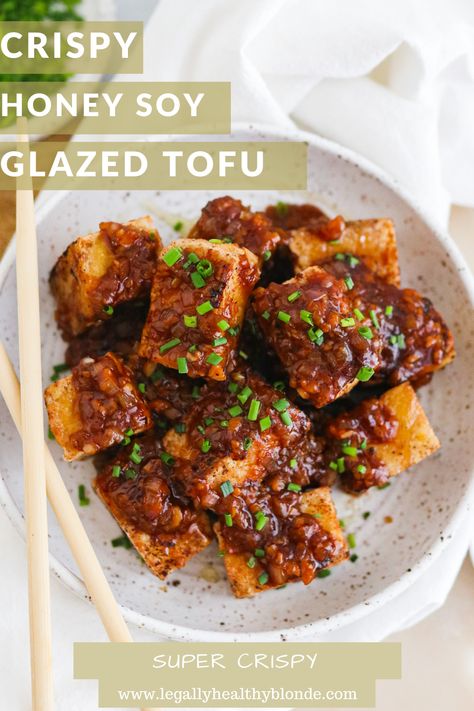 The BEST Crispy Tofu With Honey Soy Glaze | Legally Healthy Blonde | This tofu is for anyone out there who thinks they don't like tofu! The tofu gets so crispy & crunchy and is to die for with the sweet & salty glaze! | #veganrecipe #tofu #tofurecipe #vegantofu #plantbased #plantbasedtofu #easyveganmeals Best Crispy Tofu, Glazed Tofu, Soy Tofu, Soy Glaze, Healthy Vegan Dinner, Fall Vegan Recipes, Snack Prep, Honey Soy, Crispy Tofu