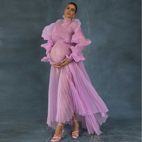 Elegant Pink Pleated Maternity Dresses for Photoshoot Puff Sleeves Sheer Organza Maternity Gown Evening Gown For Pregnant Women, Dramatic Maternity Dress, Maternity Cape Dress, Extravagant Maternity Shoot, Gender Reveal Shoot, Colorful Maternity Shoot, Pregnancy Dress Outfits, Pregnancy Evening Dresses, Fashion Maternity Shoot