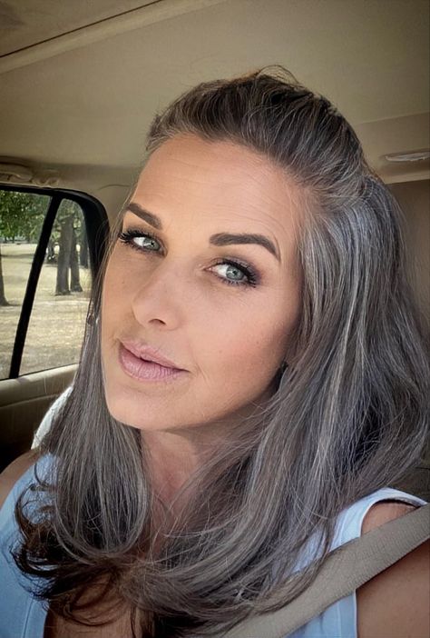 Blending Grey Hair With Brown, Blending Brown And Grey Hair, Naturally Grey Hair, Ash Blonde Gray Hair Color Ideas, Thinning Hair Styles For Women Balding, Grey Hair Blending Brunette, Blending Grey Hair With Dark Hair, Brunette To Gray Hair Transition, Highlights To Blend Gray Hair Brunettes