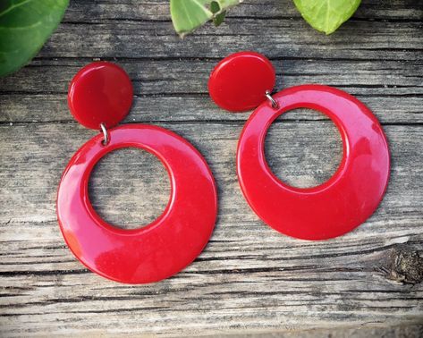 1980s Red Hoop Earrings for Women Plastic or Lucite Lipstick Red Jewelry, Mod Earrings Plastic Hoop Earrings, Hoop Earrings Outfit, 1980s Memories, 1970's Jewelry, 1980s Accessories, Barbie Photoshoot, 60s Earrings, 1980s Earrings, Hoop Earring Outfit