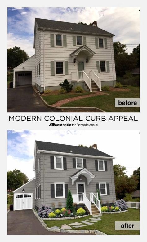 A modern colonial curb appeal update can be as simple as just a few small changes to exterior home colors and a bit of landscaping! Get these tips for a modern colonial home exterior makeover from ADAesthetic on Remodelaholic.com Colonial Curb Appeal, Colonial Landscaping, Modern Colonial Home, Colonial Porch, Small Colonial, House Plans Colonial, Colonial House Exteriors, Modern Colonial, Colonial Exterior