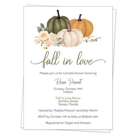 PRICES MAY VARY. ♥ Invite guests to your bridal shower with this beautiful invitation featuring green and orange pumpkins. ♥ Price includes 12 Invitations and 13 White Envelopes. ♥ Invitations measure 5x7 inches and are custom printed with your event details. ♥ Printed on high quality matte smooth finish card stock. ♥ All our products are Made with Love in the USA. ♥ Female owned & veteran owned small business. ♥ Invite guests to your bridal shower with this beautiful invitation featuring green Autumn Reception, Green Bridal Showers, Fall Bridal Shower Invites, Bridal Shower Invites, Pumpkin Invitation, Bridal Luncheon, Fall Bridal Shower, Reception Invitations, Fall Wedding Invitations