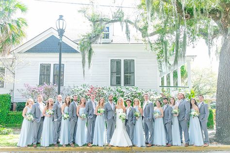 Light Blue and Light Gray Bridal Party | Dana Cubbage Weddings | Charleston, SC Gray Bridal Party, Charleston Wedding Reception, Gray Wedding Party, Sky Blue Weddings, Light Blue Bridesmaid Dresses, Light Blue Bridesmaid, Bridal Parties Colors, Sky Blue Bridesmaid Dresses, Charleston Wedding Venues