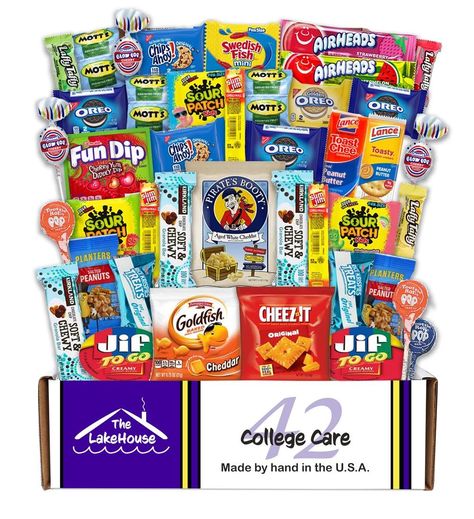 Motts Fruit Snacks, Care Packages For College Students, Airheads Candy, Jif Peanut Butter, Salty Sweet Snacks, Candy Gift Baskets, Snack Boxes, Chewy Granola Bars, Goldfish Crackers