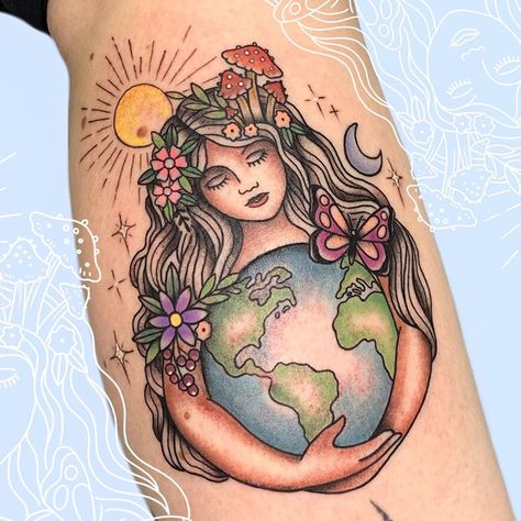 Mother Nature Tattoo | Tattoo Ideas and Inspiration Mother Earth Tattoo Color, Earthy Tattoos Nature, Olivia Tattoo, Mother Nature Tattoo, Mother Earth Tattoo, Tattoos Nature, Unique Half Sleeve Tattoos, Cosmic Tattoo, Earthy Tattoos