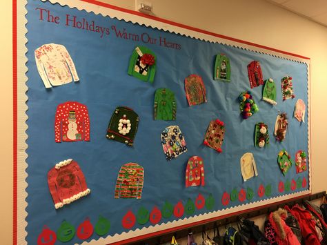 2016 Holiday Bulletin Board - The holidays warm our hearts...ugly sweaters make us merry - Doral Red Rock Ugly Christmas Sweater Bulletin Board, Ugly Sweater Classroom Door, Ugly Sweater Bulletin Board Ideas, Christmas Sweater Bulletin Board, Sweater Bulletin Board, Christmas Decorating Contest, Door Decoration Christmas, Special Education Classroom Setup, Clothes Study