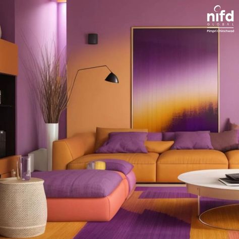 Guess the colour scheme used here! Purple Orange Living Room, Purple And Orange Living Room, Lavender Couch, Orange Office Design, Complementary Interior, Violet Living Room, Colorful Office Space, Room Painting Bedroom, Emily Room