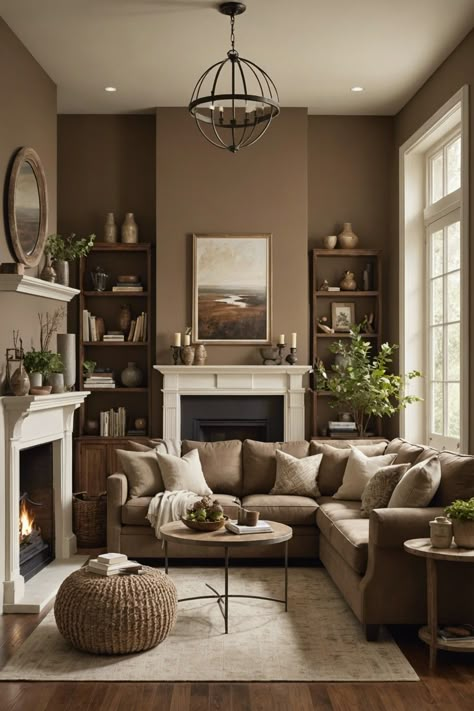 Brown Neutral Living Room Ideas, Mocha Lounge Living Rooms, Living Room Designs Brown Walls, Cozy Living Room Palette, Chocolate Accent Wall Living Room, Living Room Greige Couch, Crown Moulding Living Room, Dark Tan Living Room Walls, Living Room Wall Color Ideas Cozy