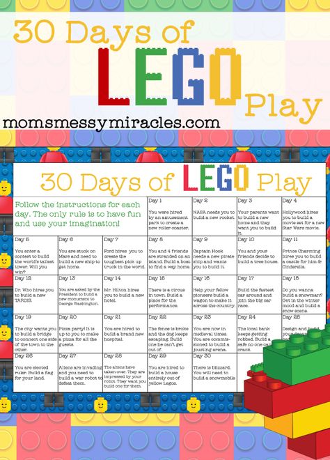 30 Days of LEGO Play is a free calendar you can print with 30 days of fun LEGO challenges! #StreamTeam AD Lego Building Instructions Free Printable, Lego Game Ideas, Lego Group Activities, School Lego Club, Lego Summer Camp Ideas, Lego Therapy Activities, Lego Competition Ideas, Lego Camp Ideas, Lego Lesson Plans