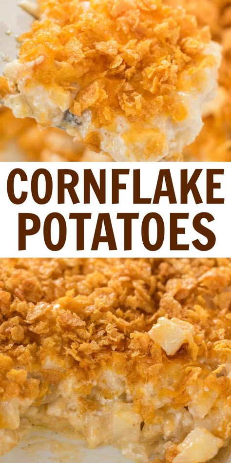 Cornflake Potatoes, Flake Recipes, Crunchy Corn, Cheesy Potatoes Recipe, Corn Flake, Cheesy Potato Casserole, Frozen Potatoes, French Fried Onions, Hash Brown